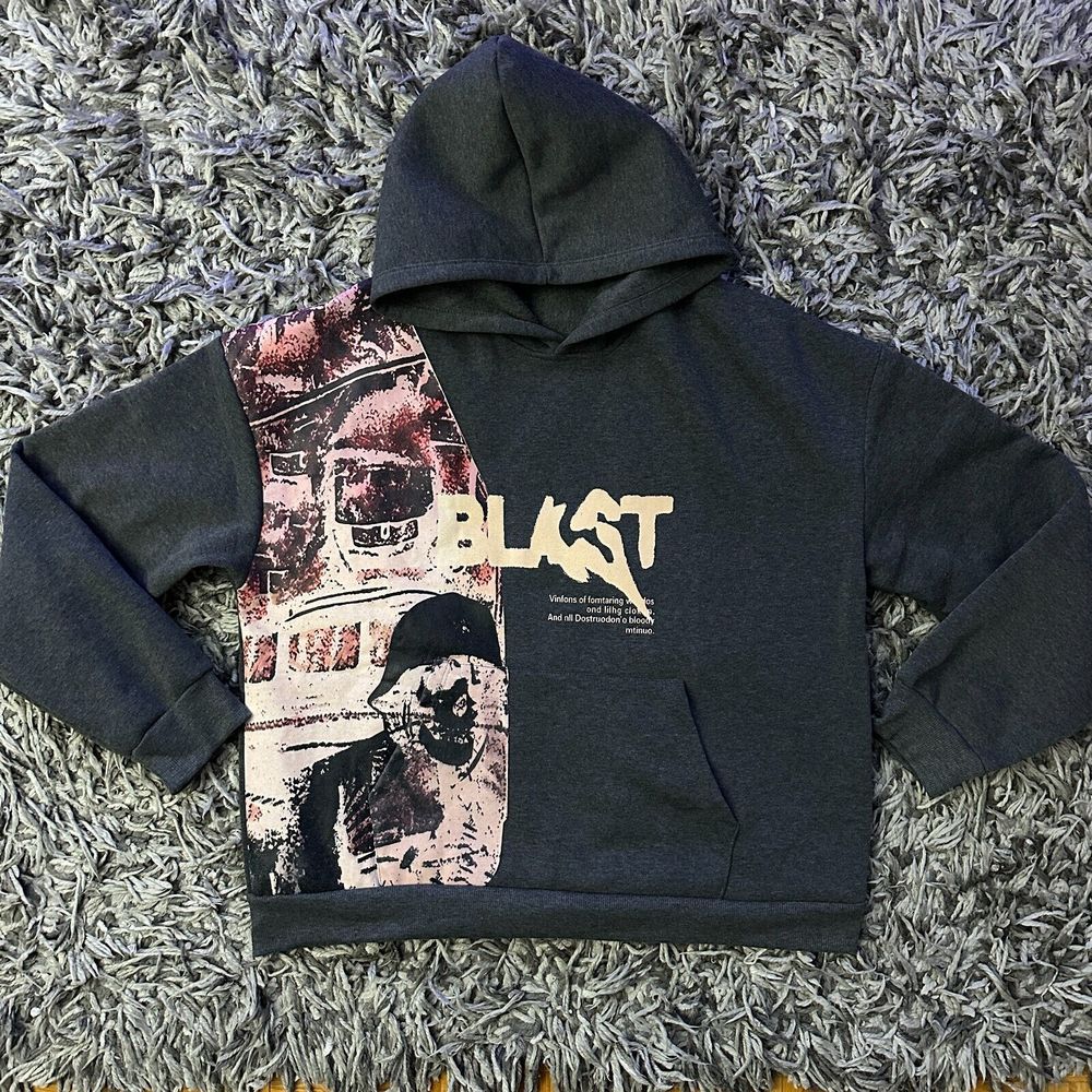 2XL Blast Cropped Hoodie Half Print Gray Hoodie Streetwear Fashion Men